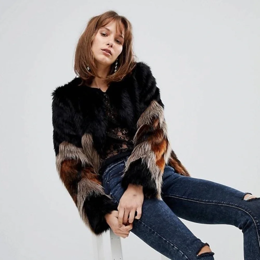 ISO ASOS Stradivarius Zig Zag Stripe Faux Fur Jacket Coat - Picture 2 of 7